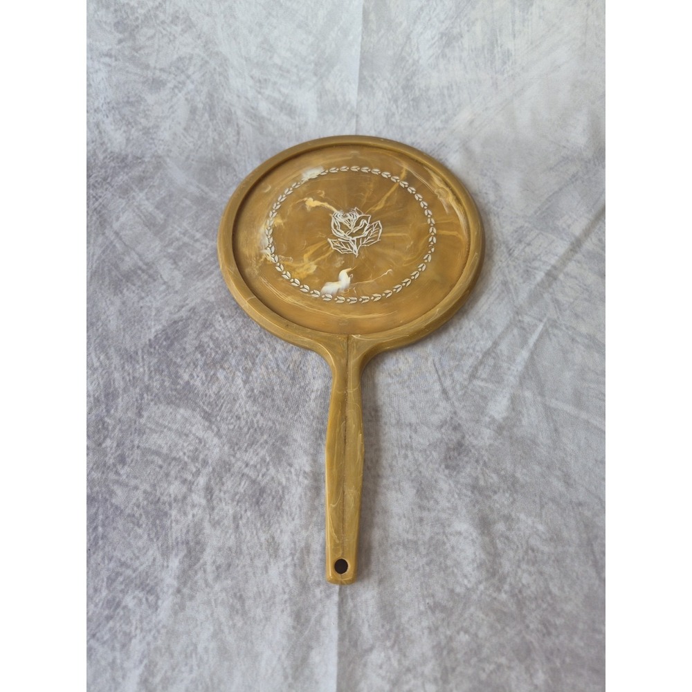 Vintage Large Hand Held Vanity Mirror with Floral Design 1950s Gold Tan - Picture 2 of 13